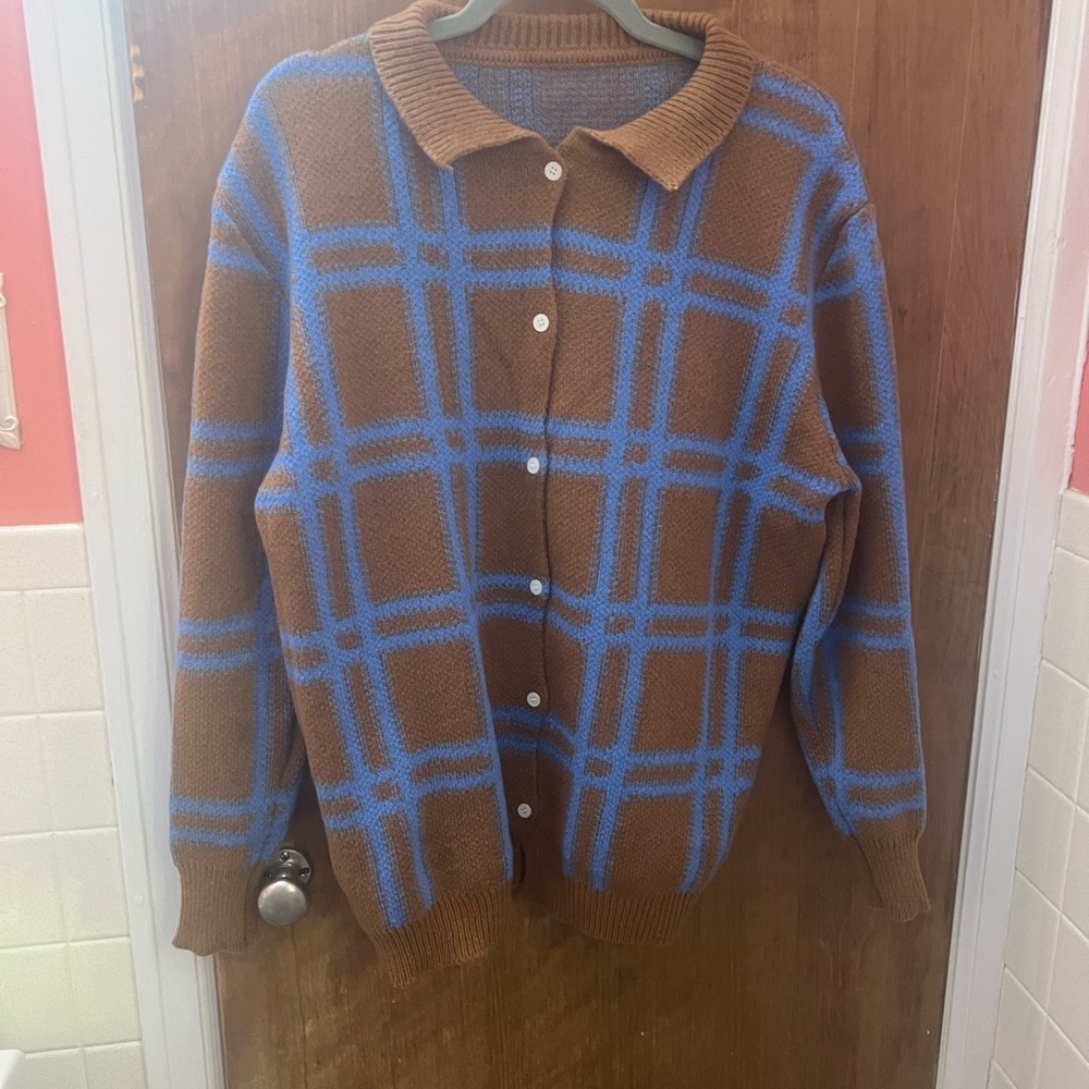 Brown and Blue Plaid Women's Sweater